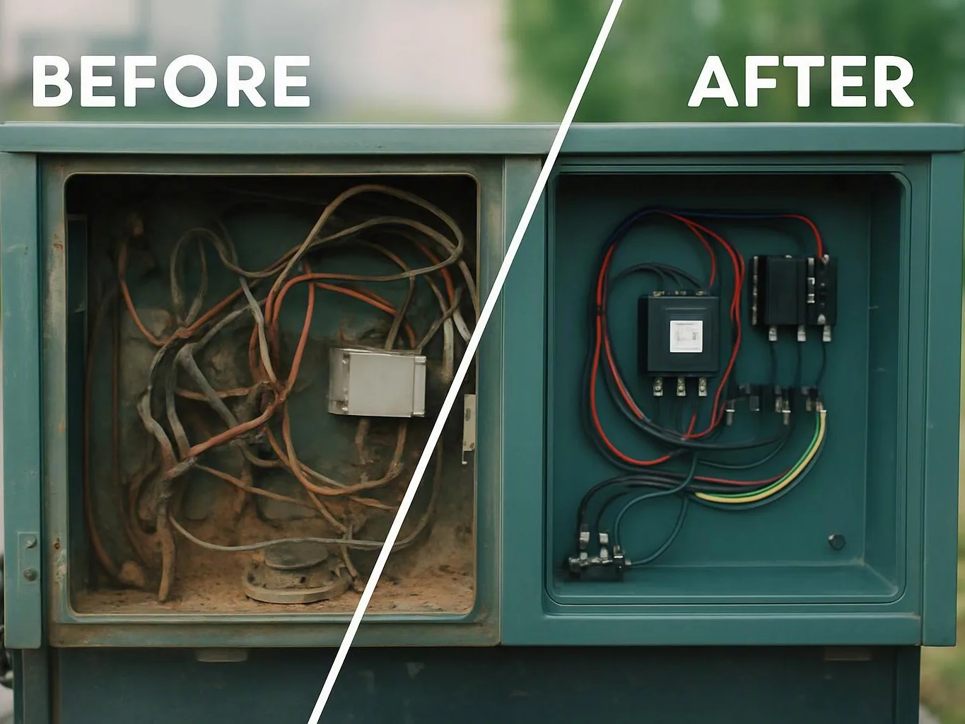Split image shows a messy electrical box on the left and a neatly wired one on the right