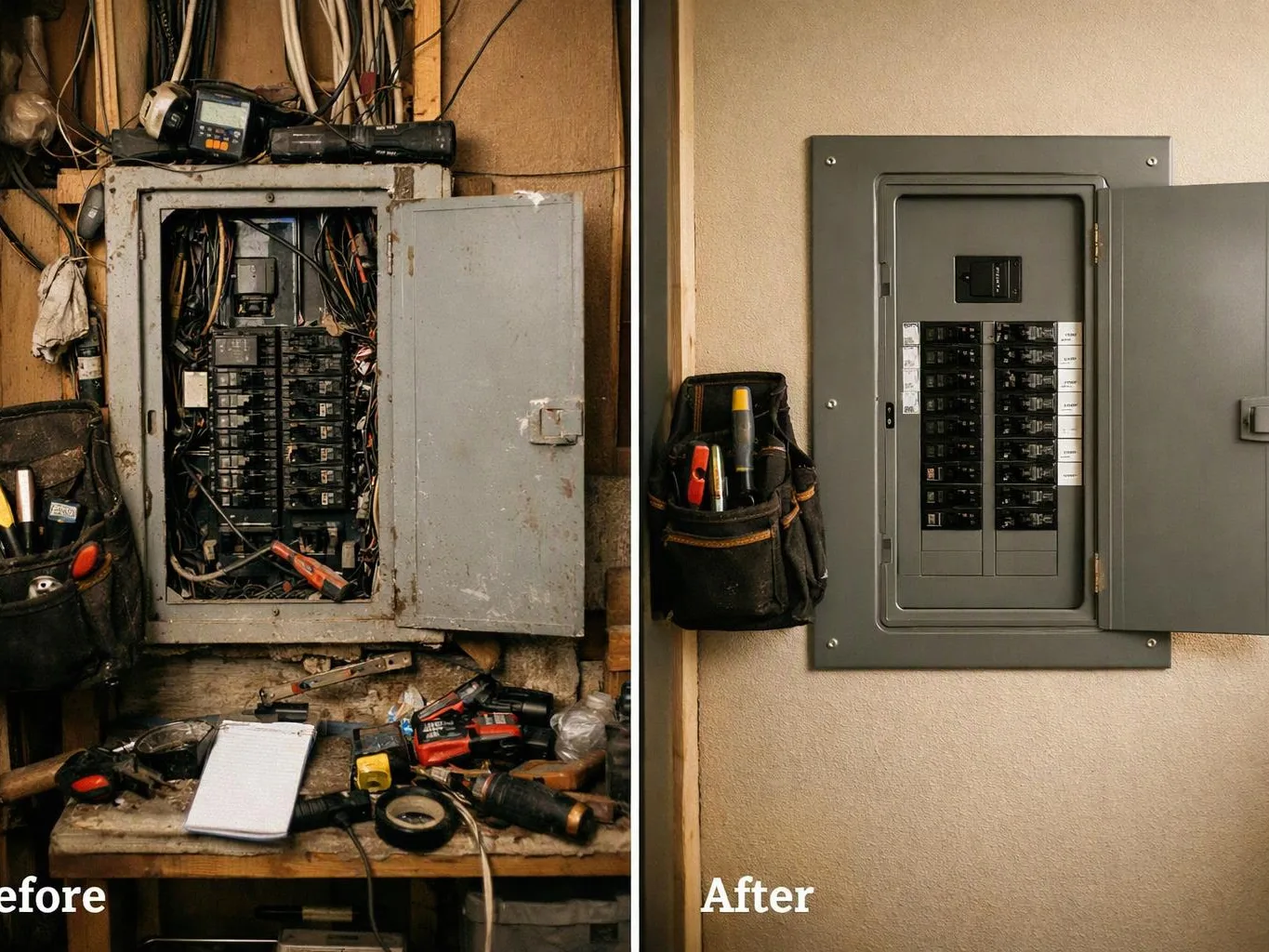 Split image shows a messy electrical panel before and a clean covered panel after on a beige wall
