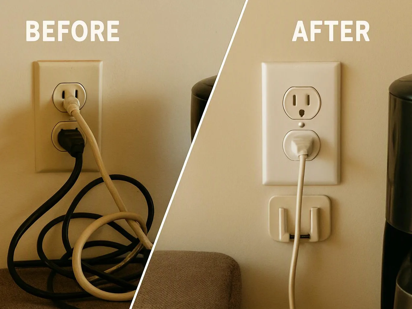 Split image shows a messy wall outlet with tangled cords before and a tidy outlet with one plugged cord after