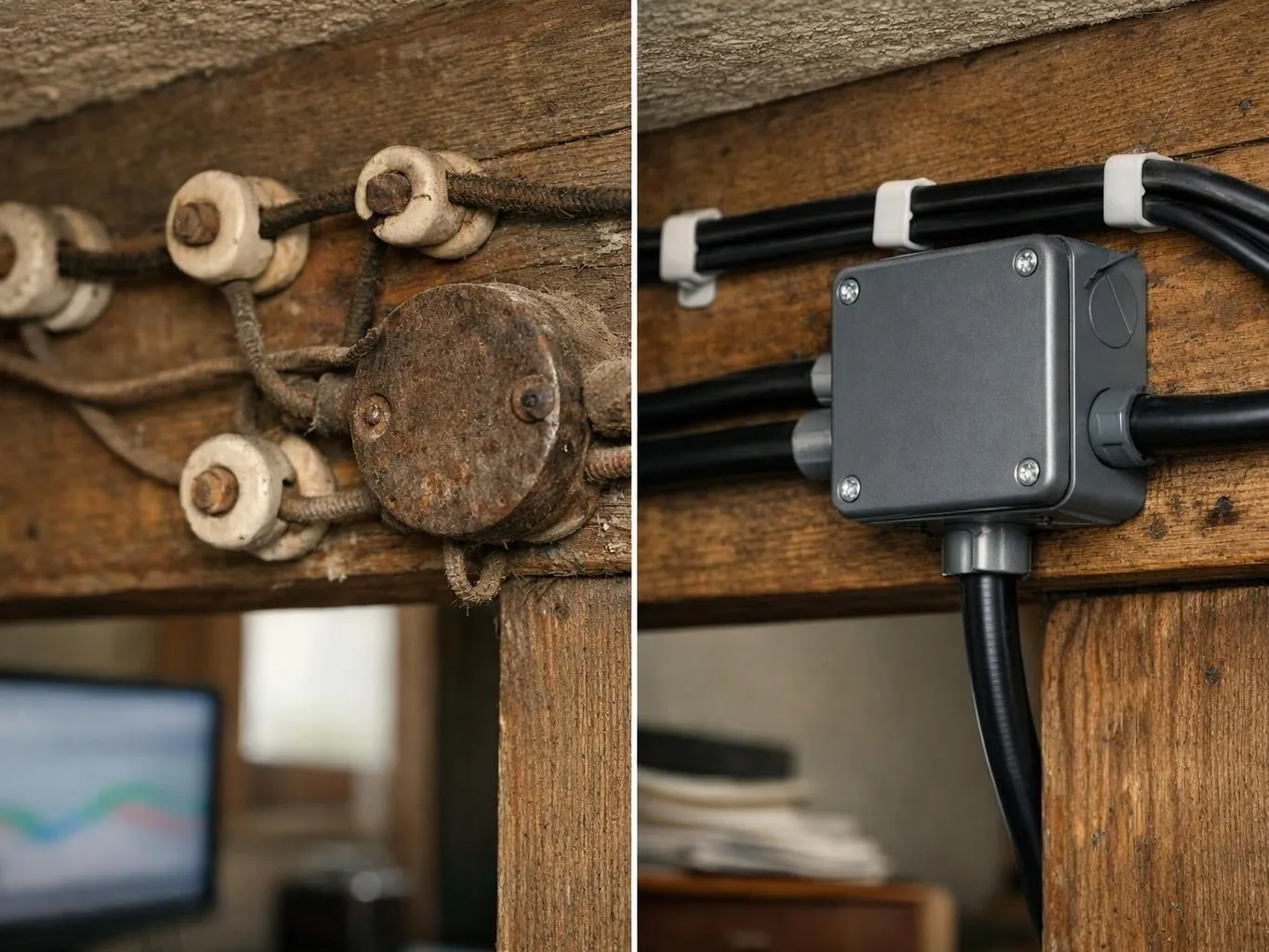 A split image shows old tangled wiring beside a new gray electrical junction box on wood beams