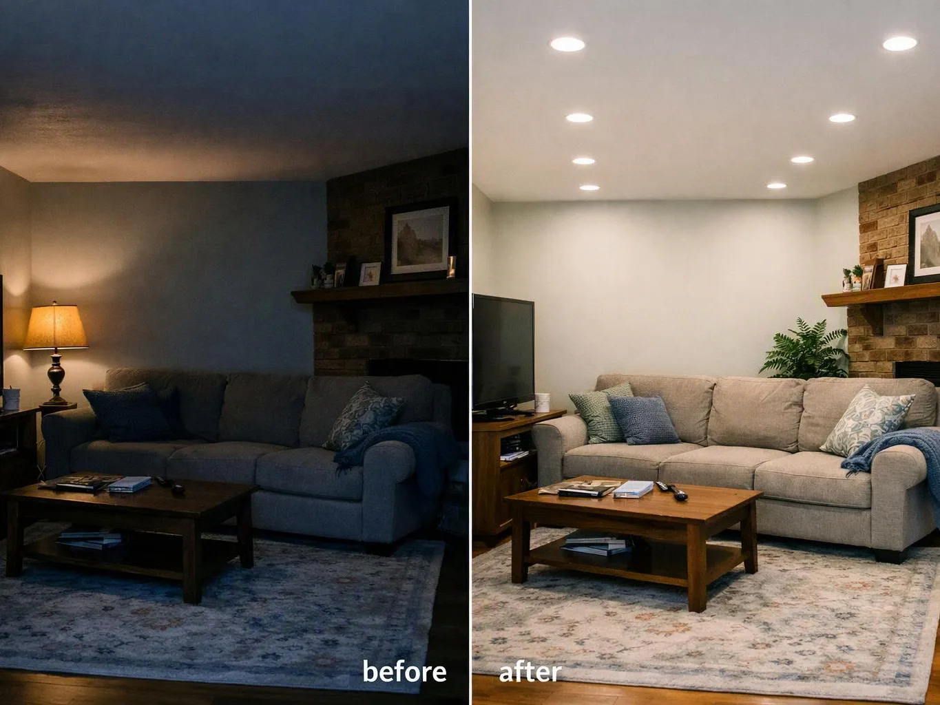Split-screen living room before and after, showing a dim cozy space changed to a brighter room with recessed ceiling lights