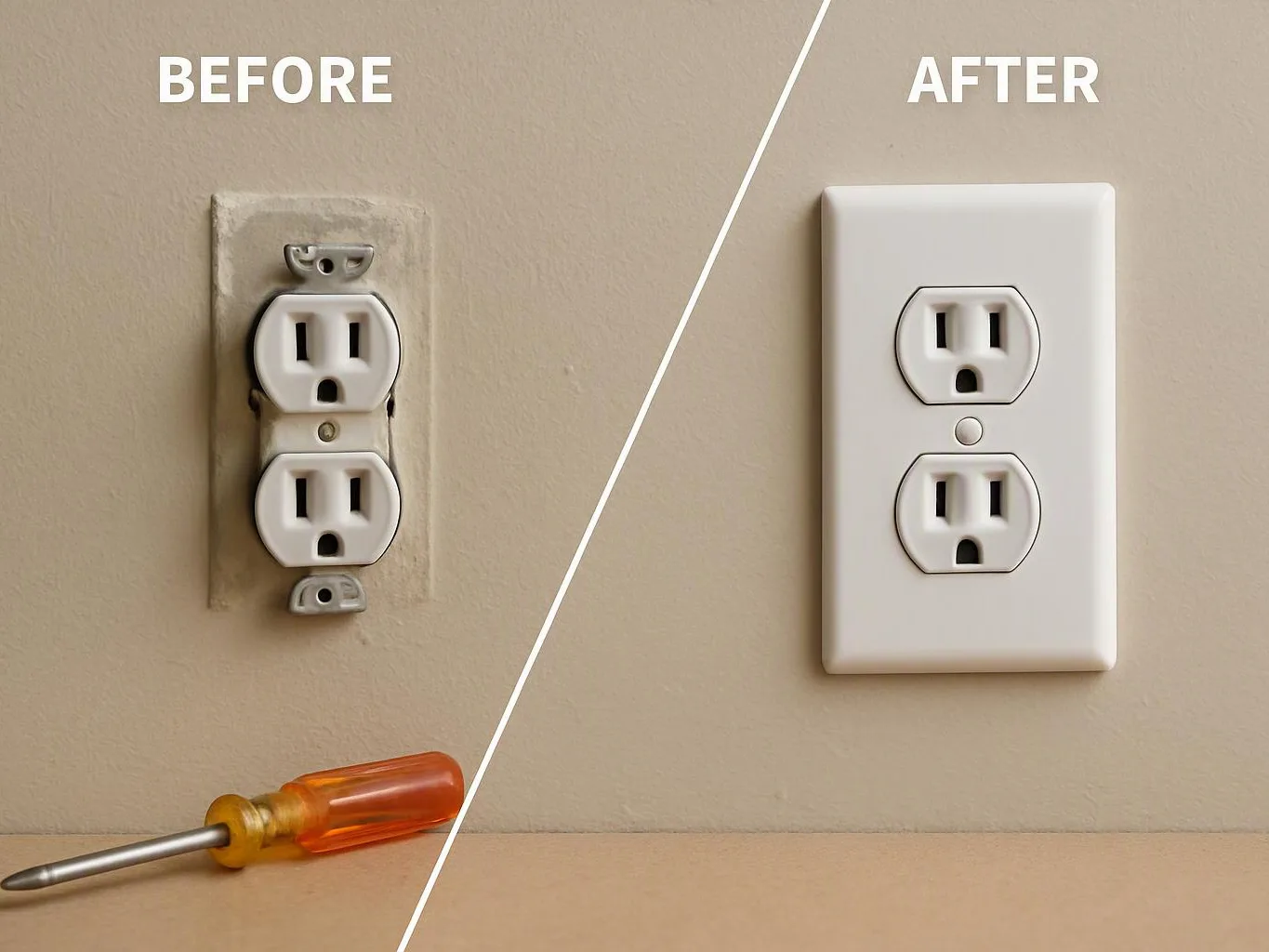 Split-screen shows a worn electrical outlet being replaced with a clean white outlet plate, with a screwdriver below