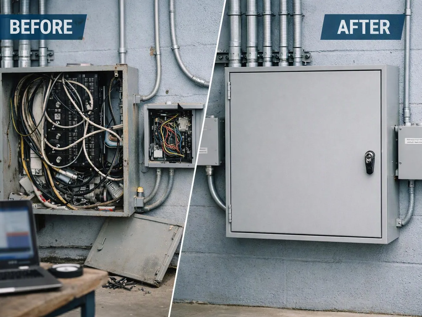 Split view of an electrical panel before and after replacement