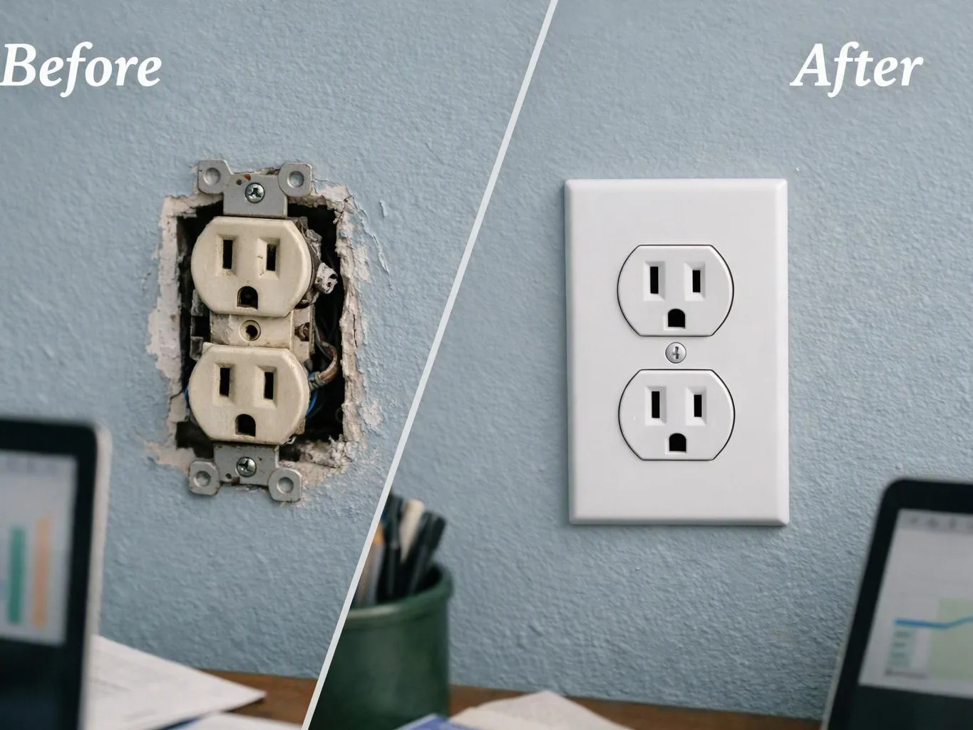 Split view shows a damaged wall outlet before replacement and a clean new outlet after installation