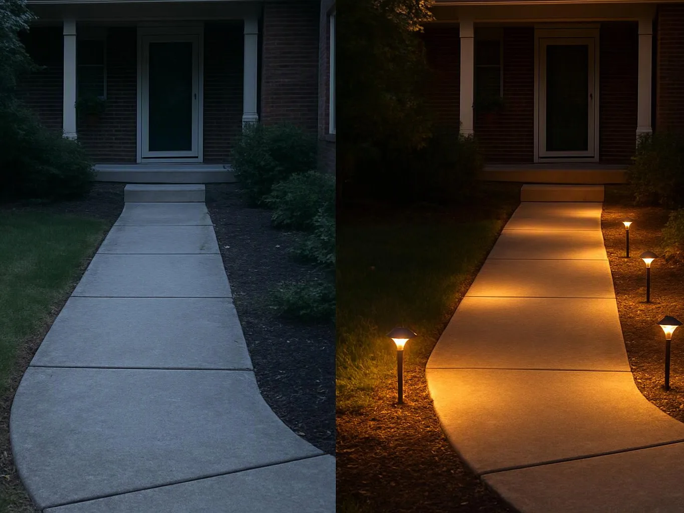 Split view shows a front walkway in daylight on the left and lit by garden lamps at night on the right