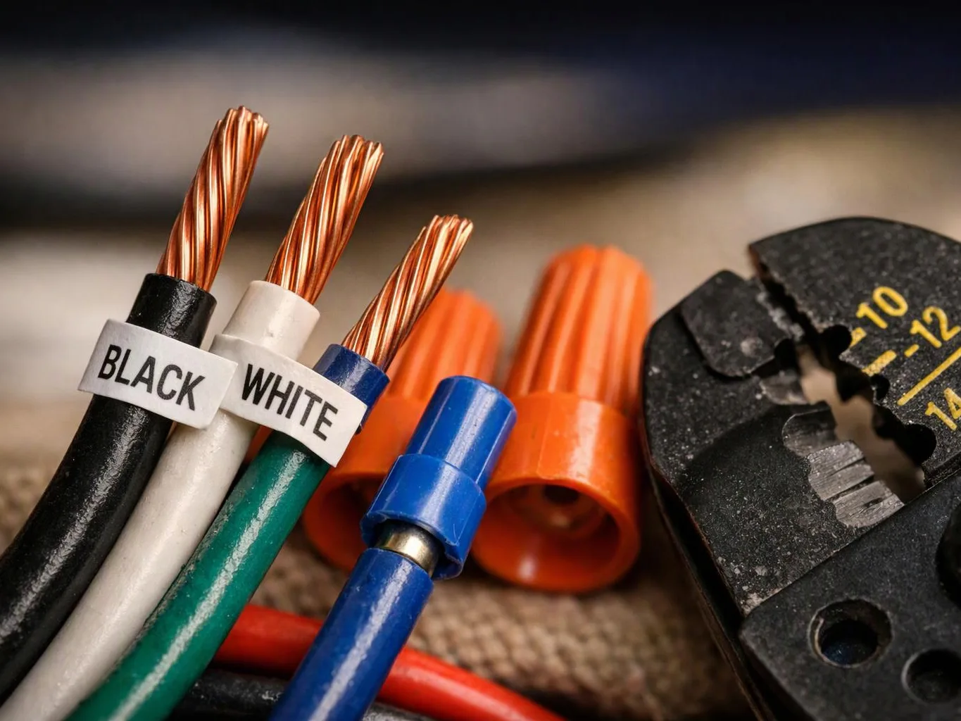 Striped electrical wires and a crimping tool lie on a work surface with orange wire nuts