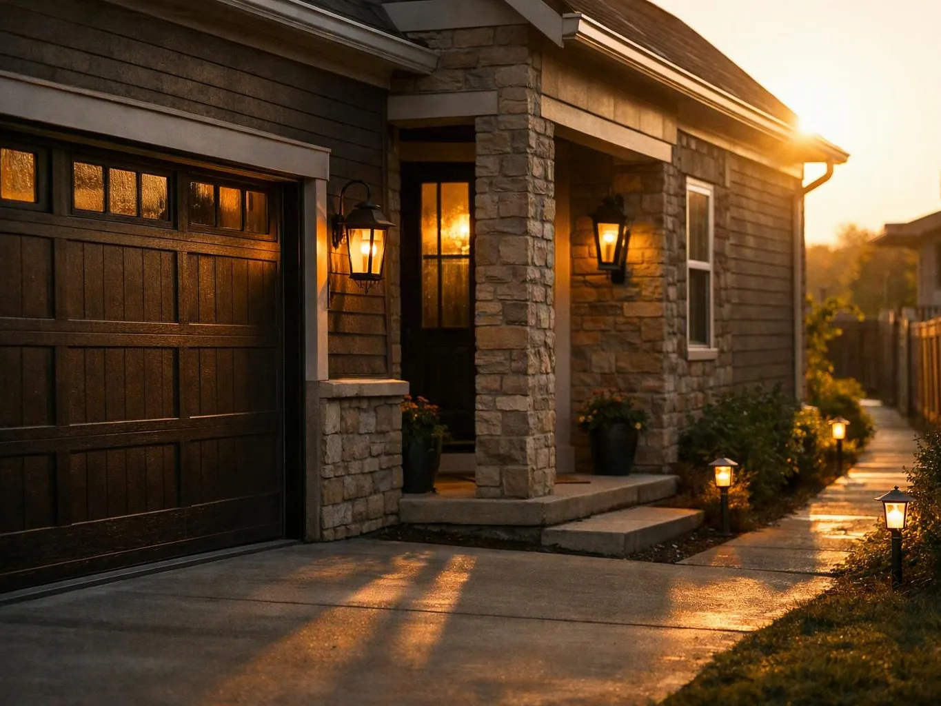 Sunset light warms a stone house exterior with a garage, porch lanterns, and a wet driveway