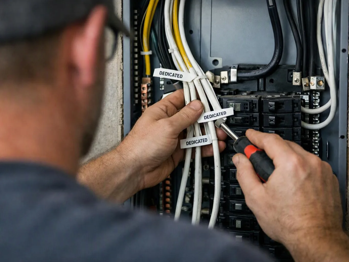 A technician adjusts labeled white wires inside an electrical breaker panel with a screwdriver
