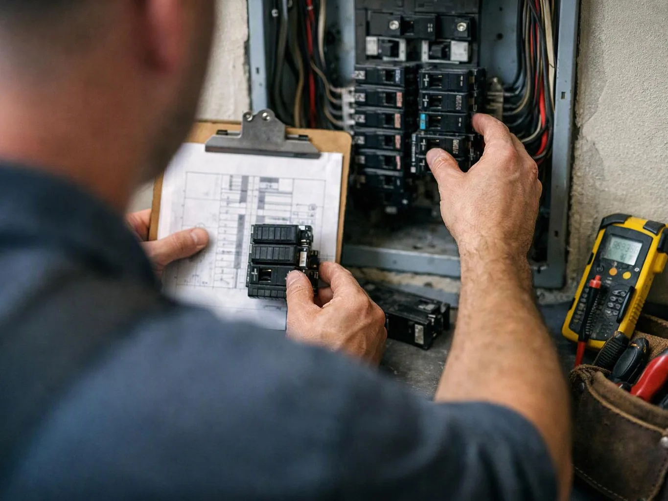 A technician checks electrical circuit breakers in an open panel while holding a clipboard and tool meter