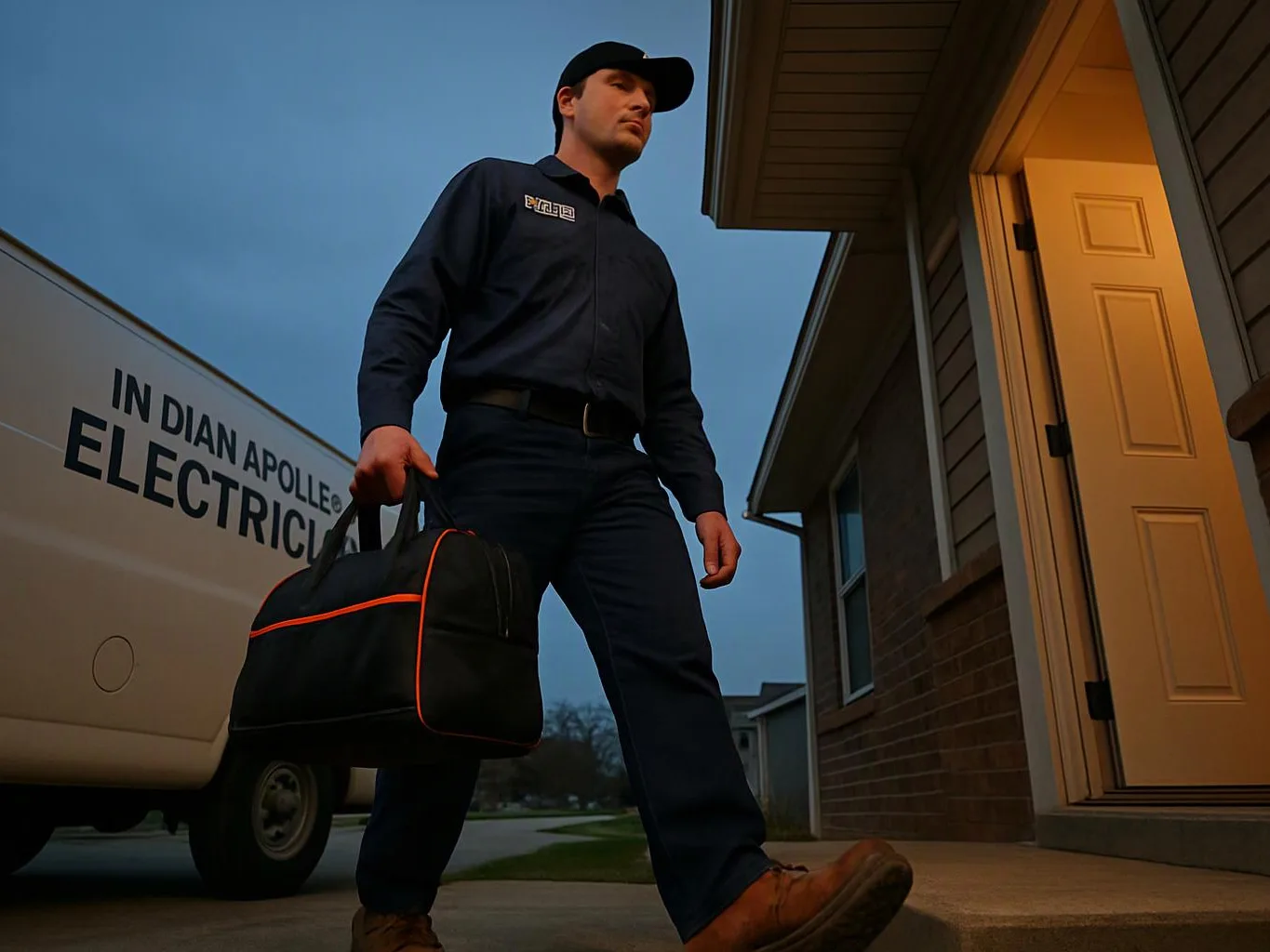 A technician in dark uniform carries a tool bag toward an open front door beside a white work van at dusk