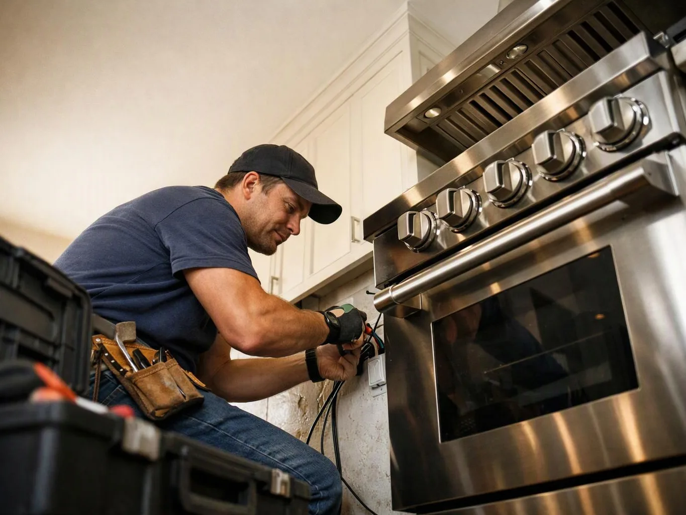 A technician kneels beside a stainless steel oven, wiring something in a bright kitchen