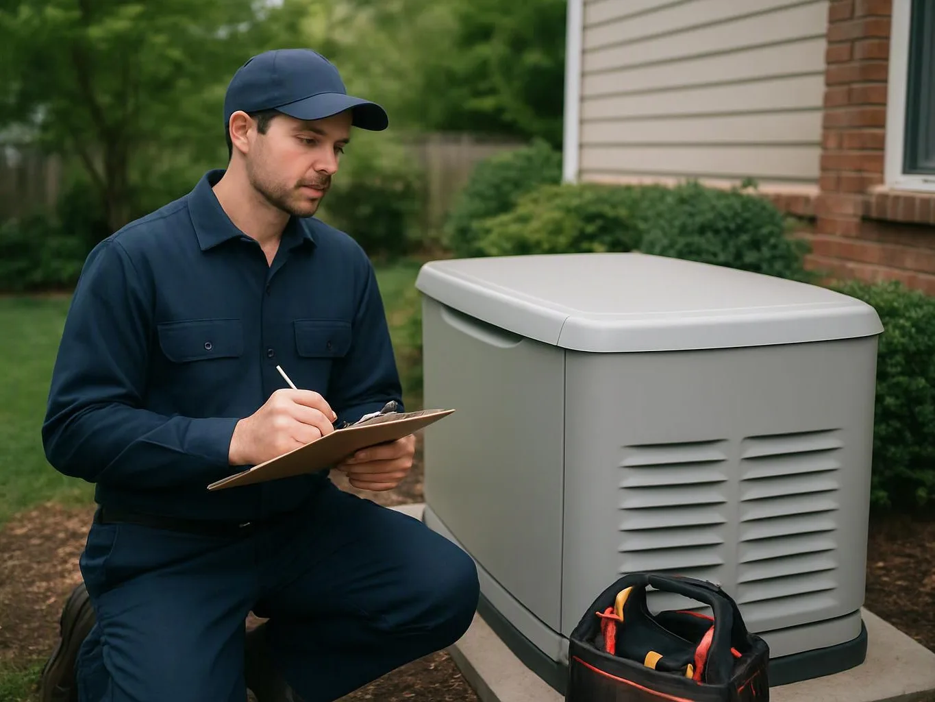A technician kneels outdoors beside a gray generator, writing notes on a clipboard near a house