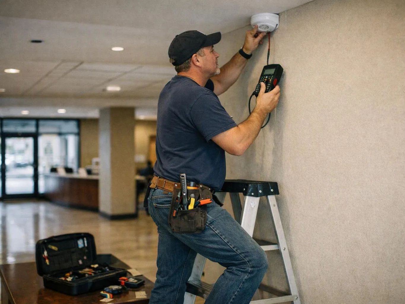 A technician on a ladder installs a smoke detector on an indoor wall while holding a testing device
