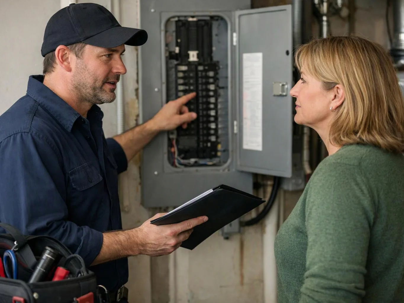 A technician points at an open electrical panel while speaking to a woman inside a utility room