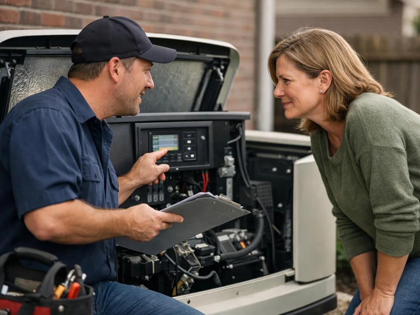 A technician shows a clipboard and points at an open outdoor machine while a woman leans in to inspect it