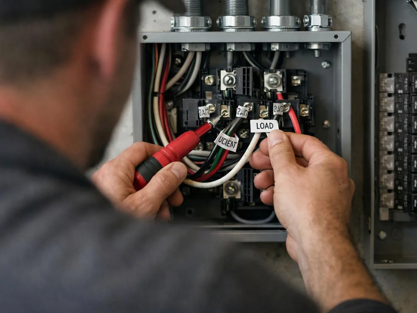 A technician tests wires inside an open electrical panel, holding a red probe and labeled cables marked LOAD and UCIENT