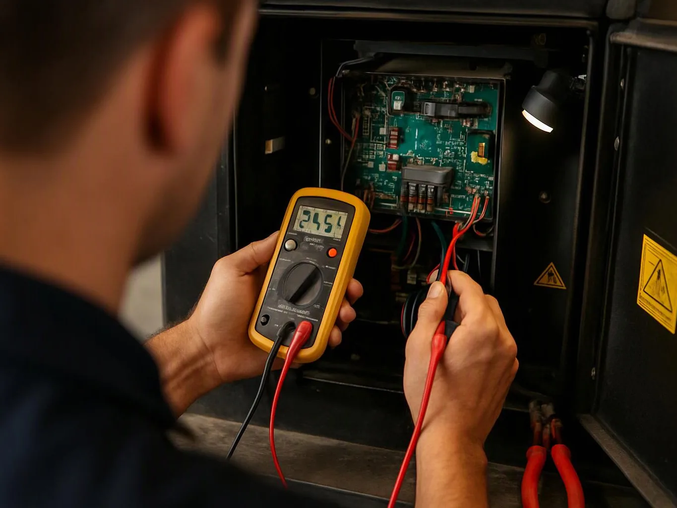 A technician tests wiring inside an open electrical panel with a digital multimeter and probes