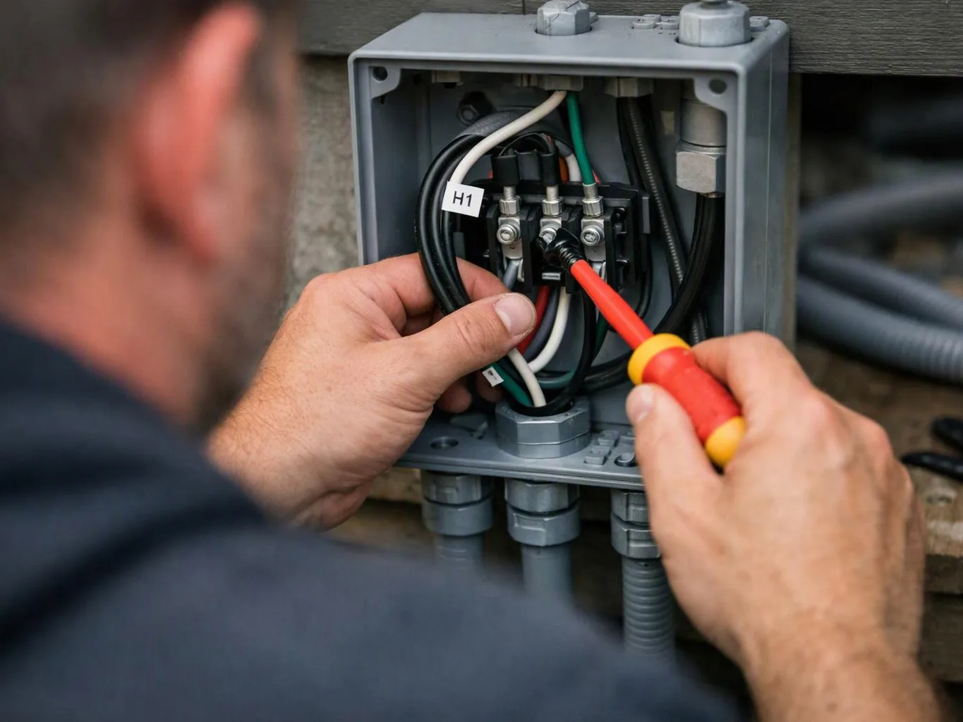 A technician tightens wires inside an open electrical box with a red screwdriver outdoors