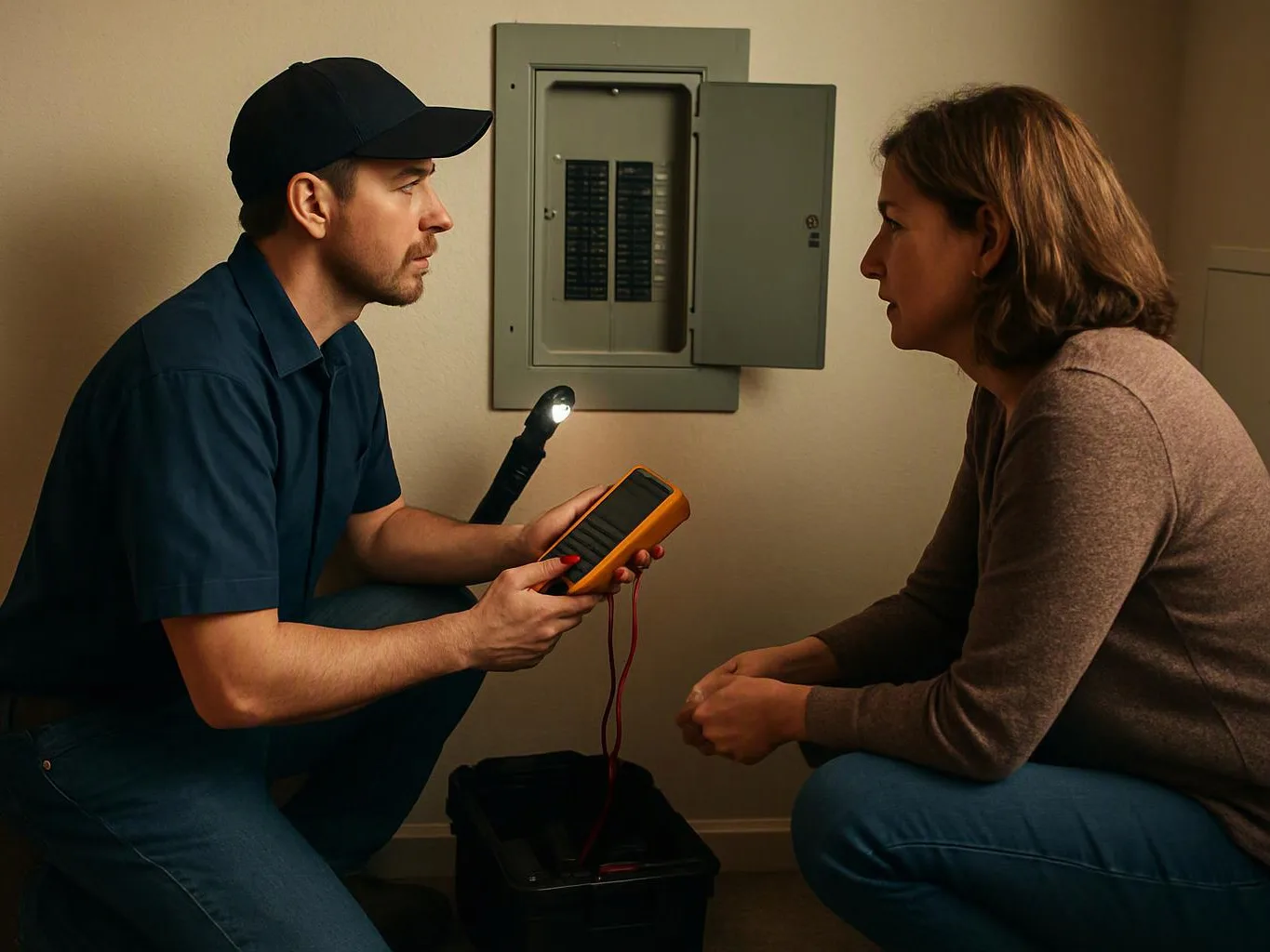 A technician and a woman crouch by an open breaker panel while he holds a meter in a dim hallway