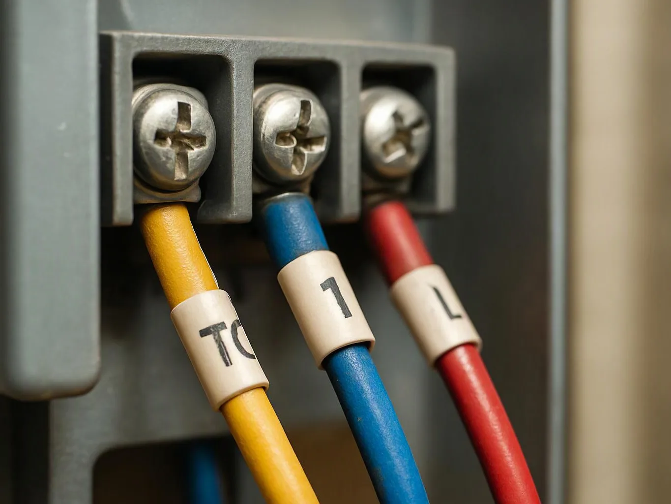 Three colored wires connect to a metal terminal block, each fastened under a screw in a close-up view
