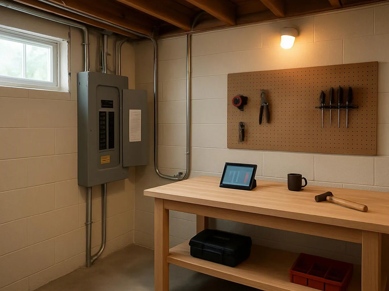 A tidy workshop corner shows a workbench with tools, a tablet, a mug, and an electrical panel on the wall