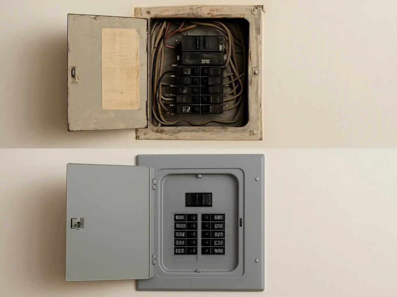Two electrical breaker panels are mounted on a plain wall, one old and open above, one newer and closed below