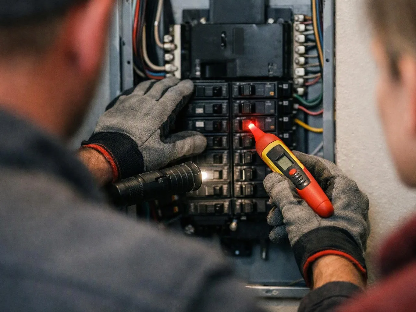 Two gloved workers test a circuit breaker panel with flashlights and a voltage tester in a utility room