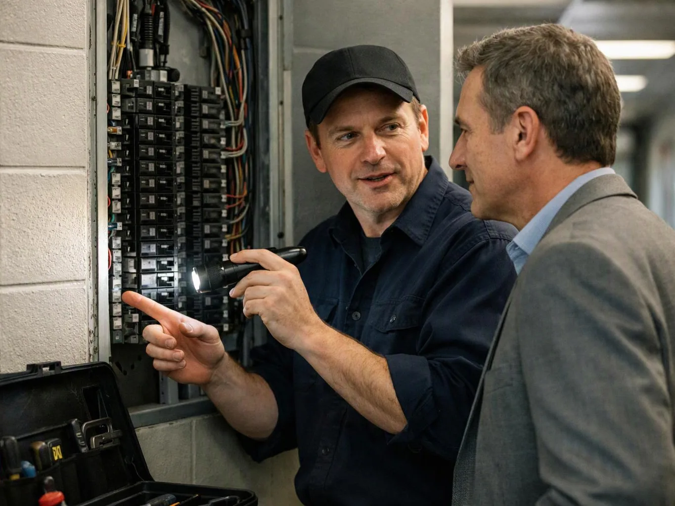 Two men inspect an open electrical panel, one pointing with a flashlight in a hallway