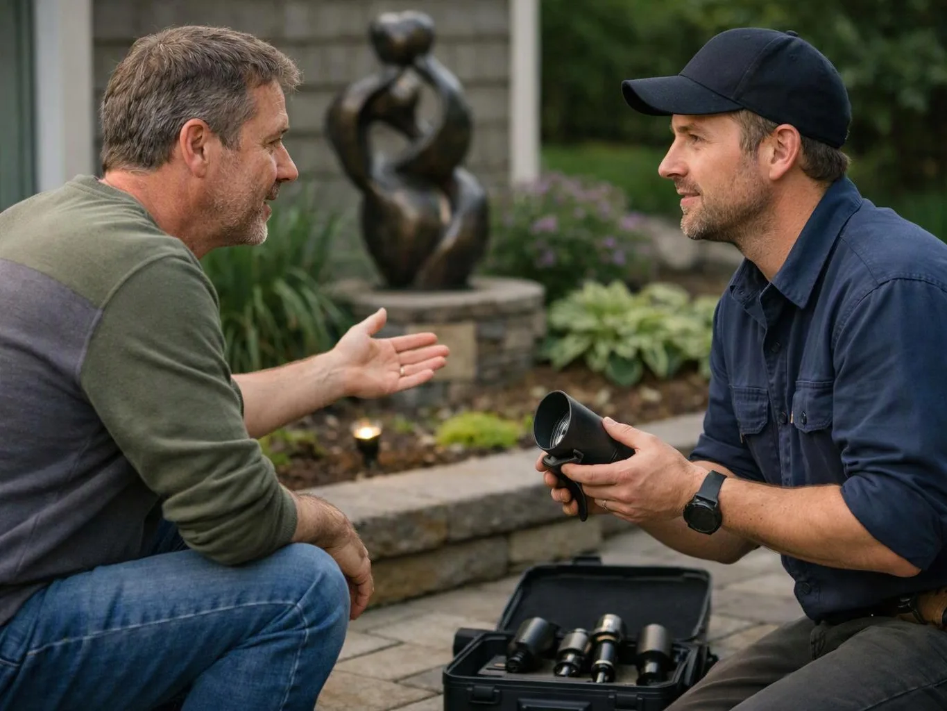 Two men kneel on a patio, talking over a black case of camera lenses in a garden