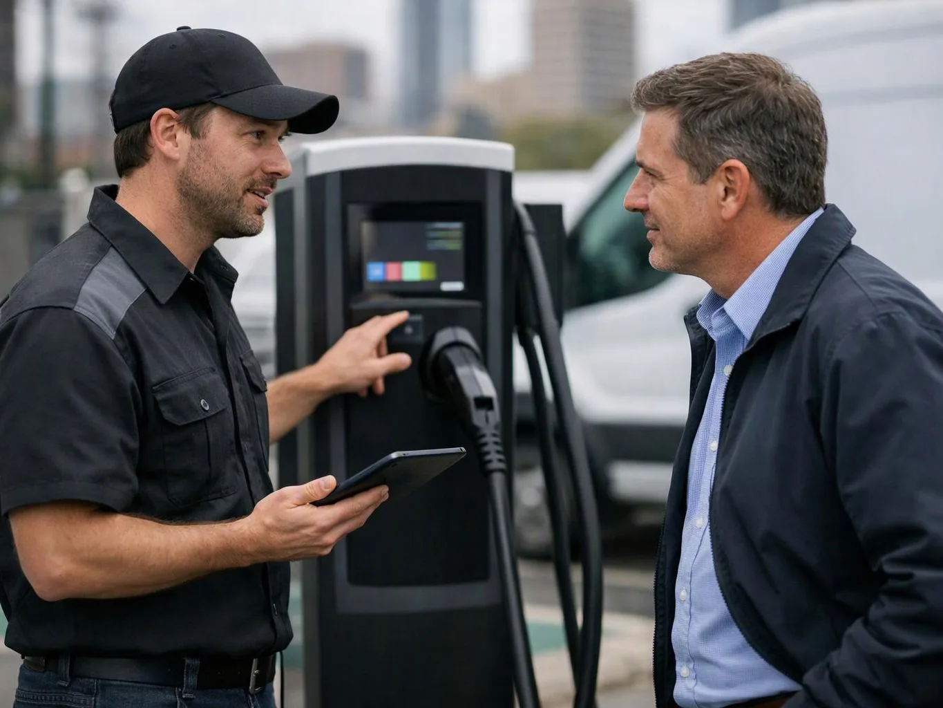 Two men talk beside an electric vehicle charging station, one pointing at the charger while holding a tablet