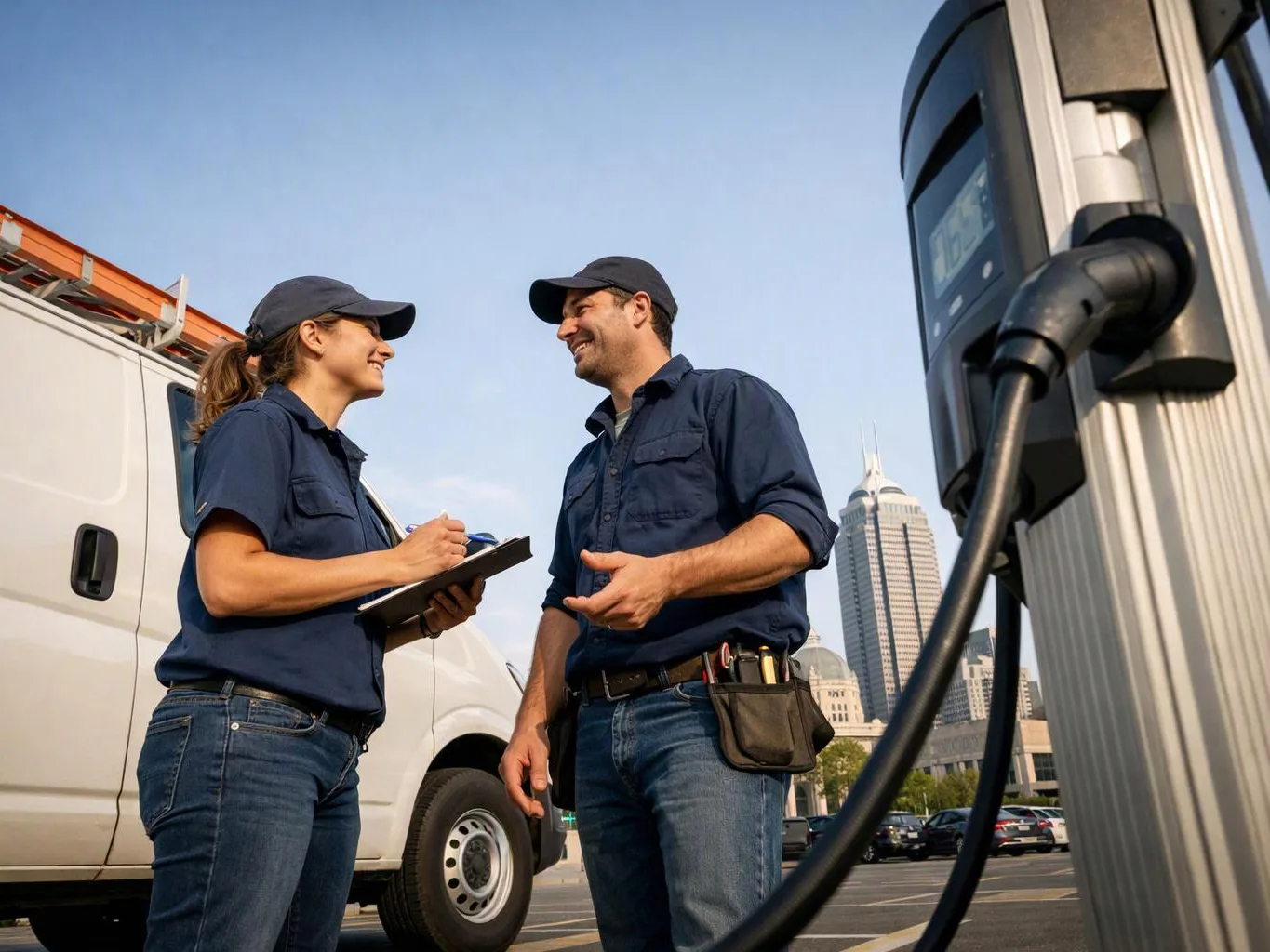 Two utility workers in navy uniforms talk beside an electric vehicle charger and a white van in a parking lot