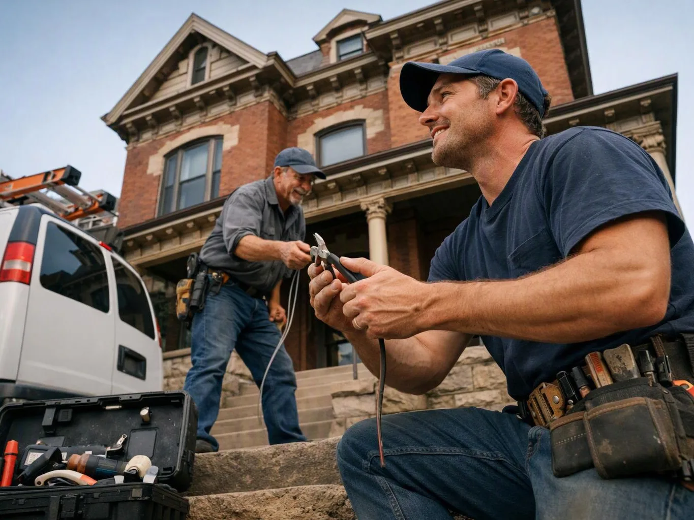 Two workers repair wiring outside a brick house, one crouches holding pliers while the other stands by a van