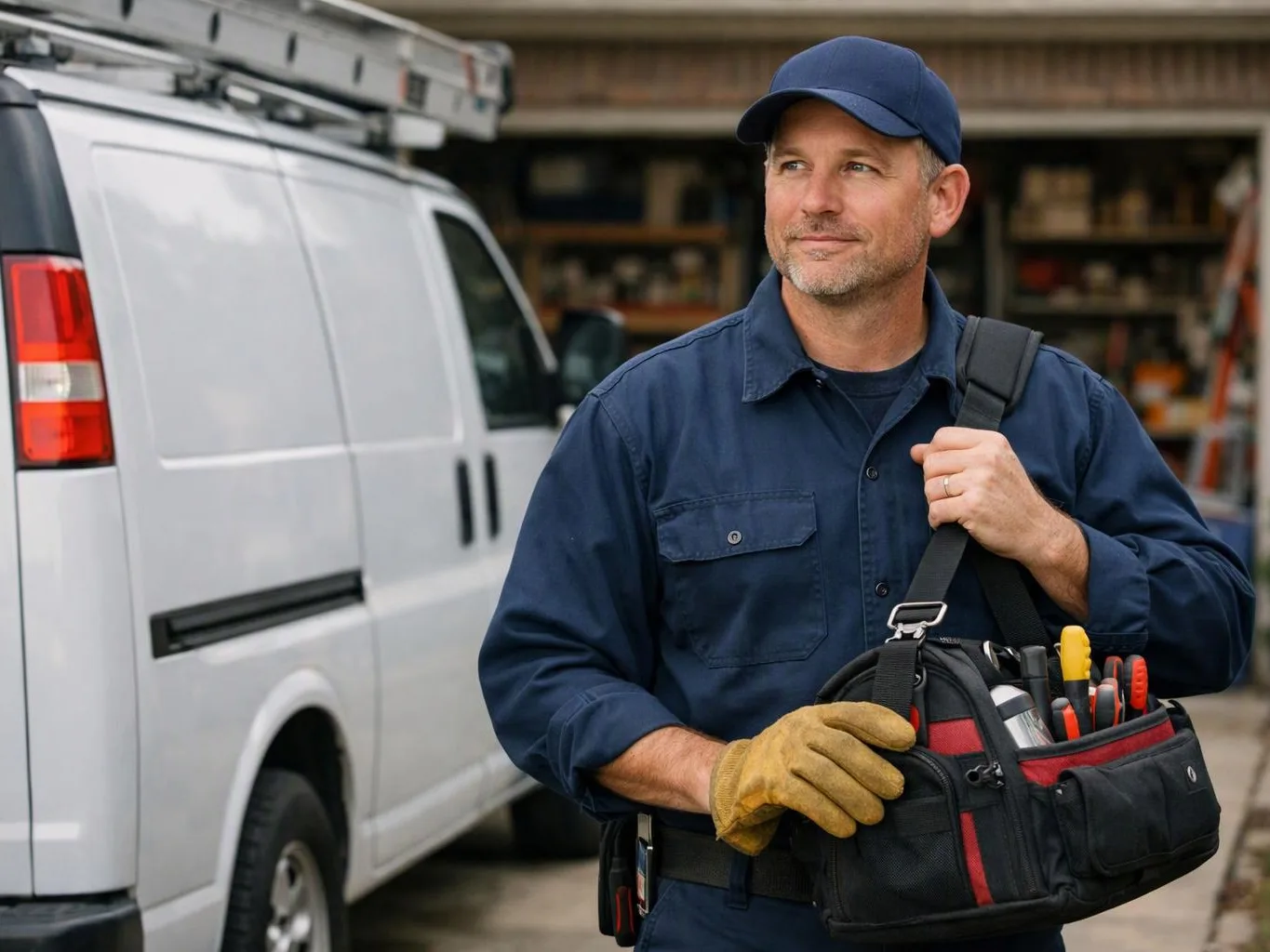 A uniformed tradesman stands beside a white van, holding a tool bag in a garage driveway