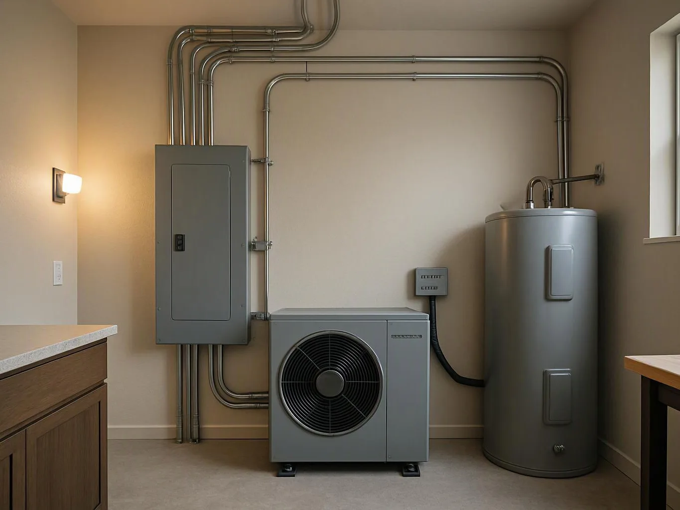 A utility room shows an electrical panel, a heat pump unit, a water heater, and exposed metal piping on beige walls