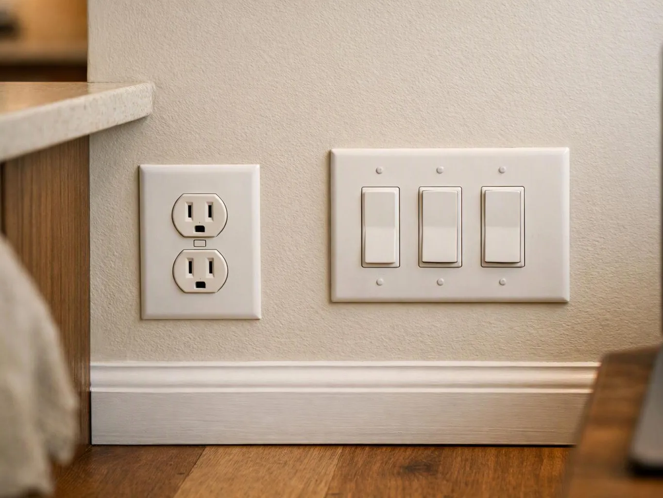 A wall outlet and three light switches sit on a beige wall beside a wood floor