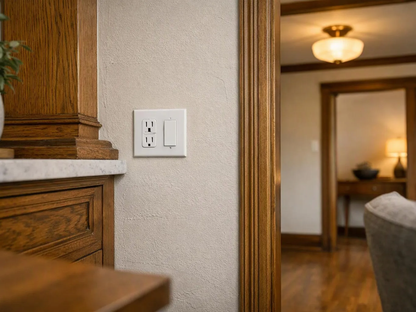 A wall switch and outlet sit beside wooden trim, with a warm room visible through the doorway