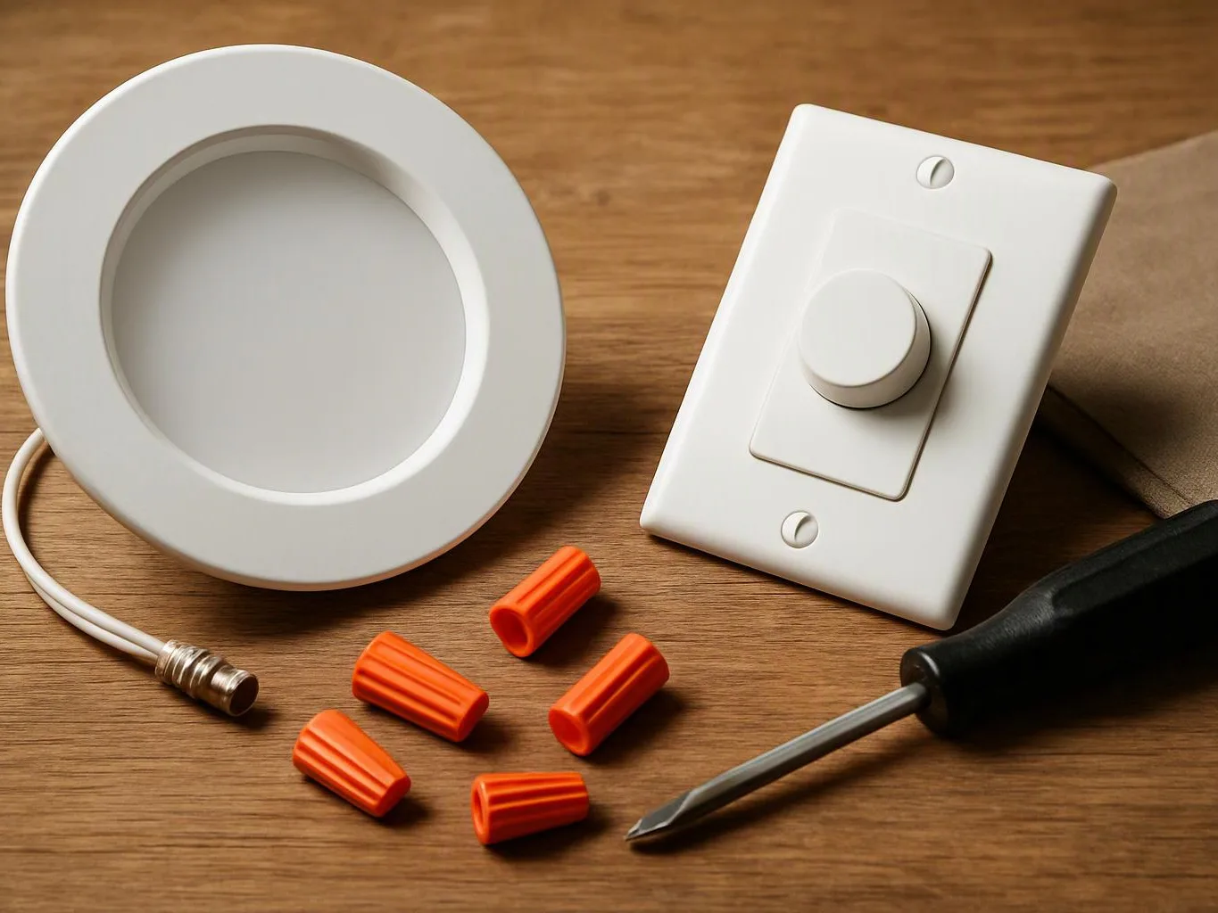 A white recessed light, dimmer switch, wire connector caps, and a screwdriver lie on a wooden surface