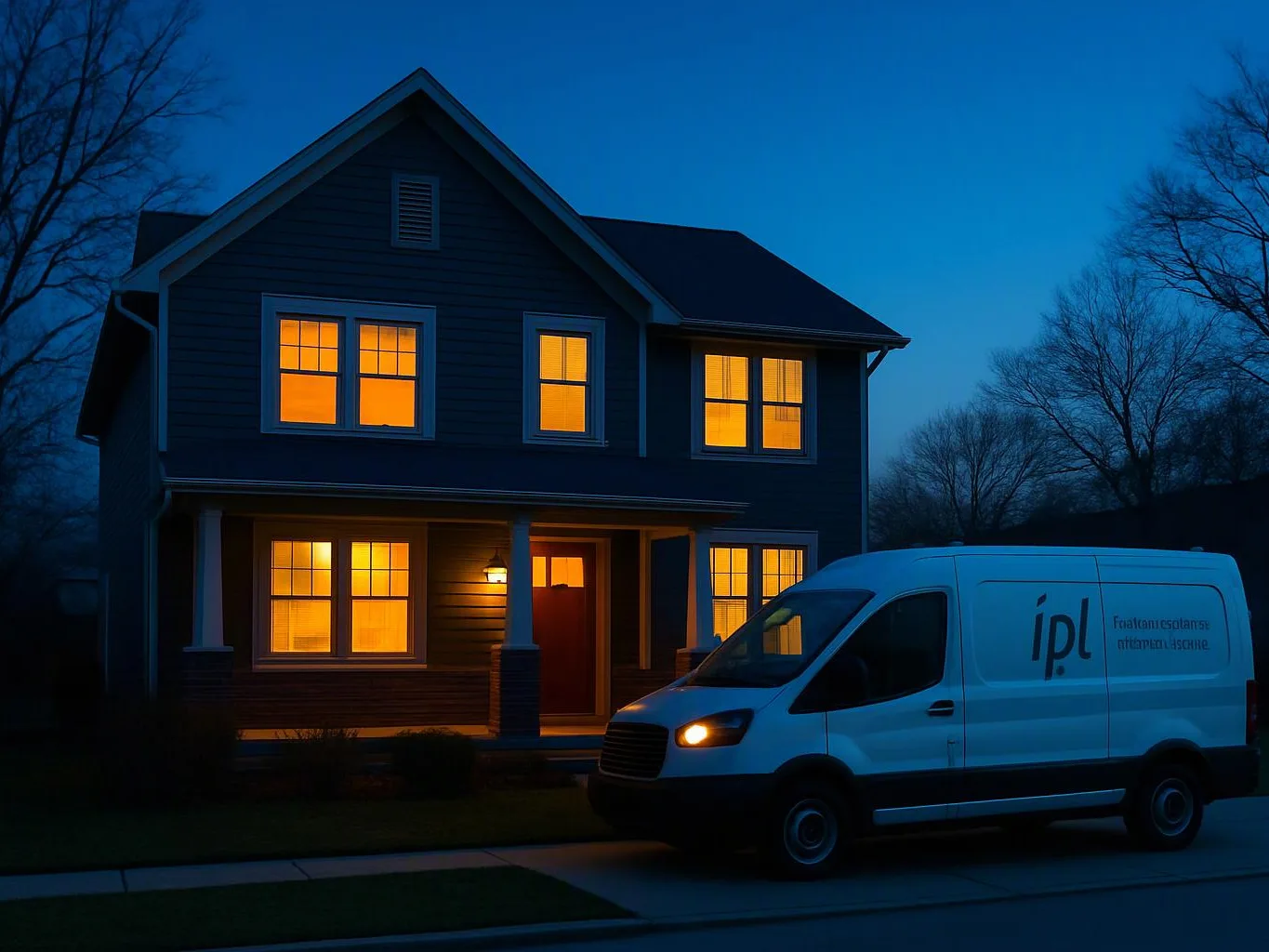 A white service van sits outside a lit two-story house at dusk