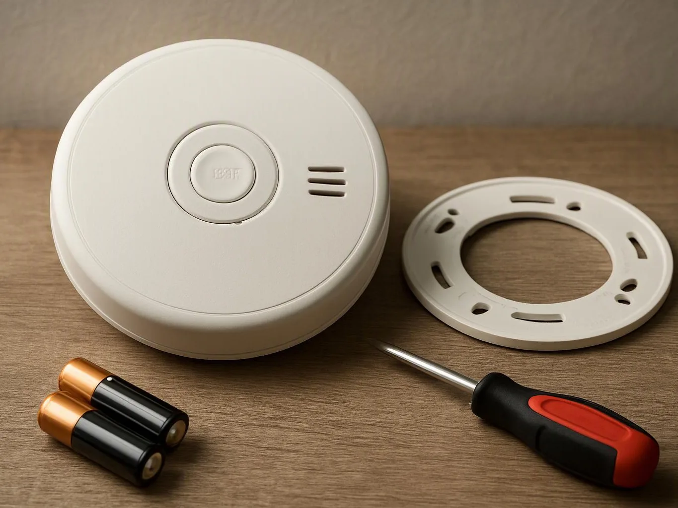 A white smoke detector sits on a wooden surface with a mounting ring, batteries, and a screwdriver nearby
