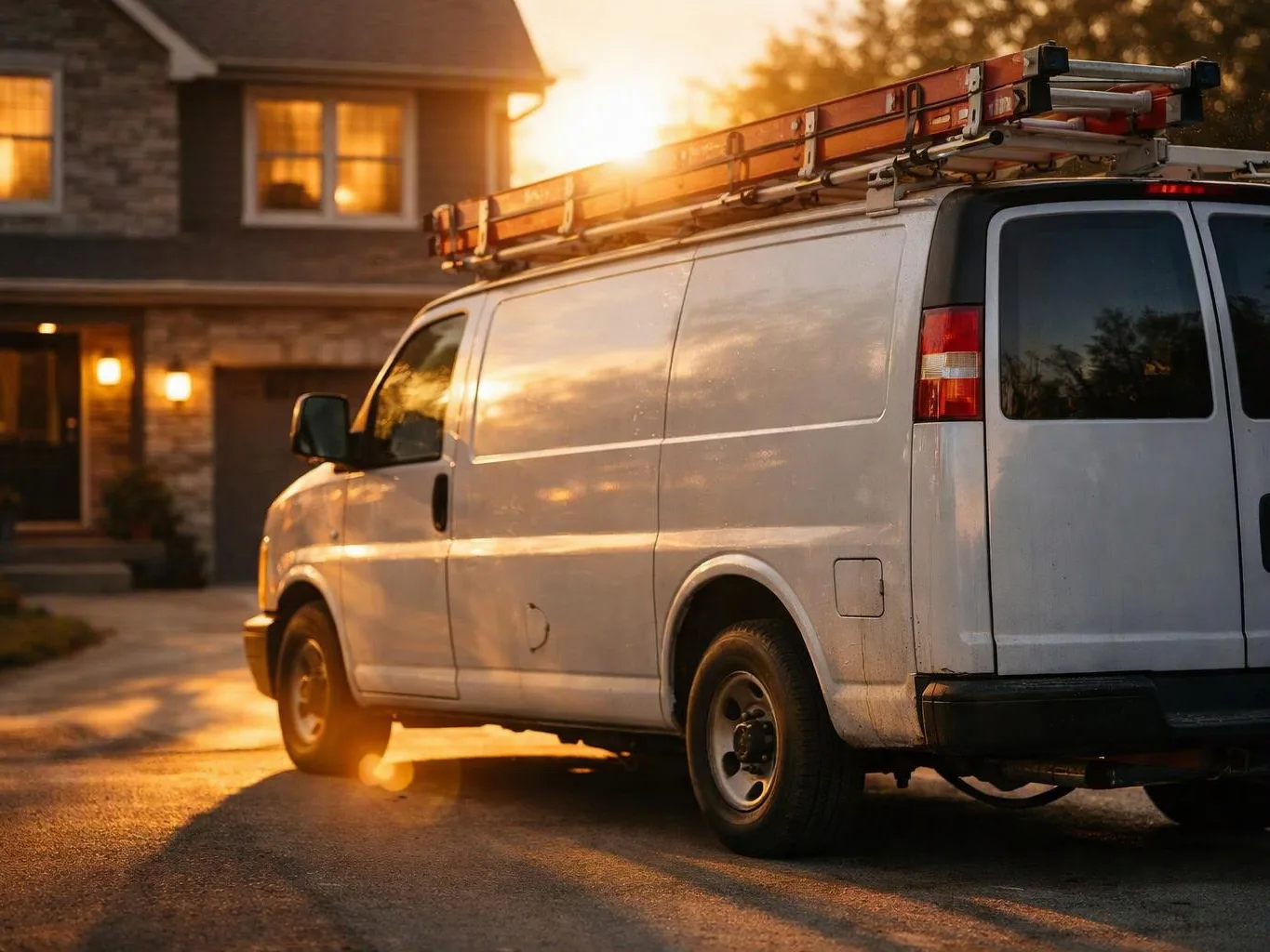 A white utility van with a roof ladder is parked in front of a house at sunset