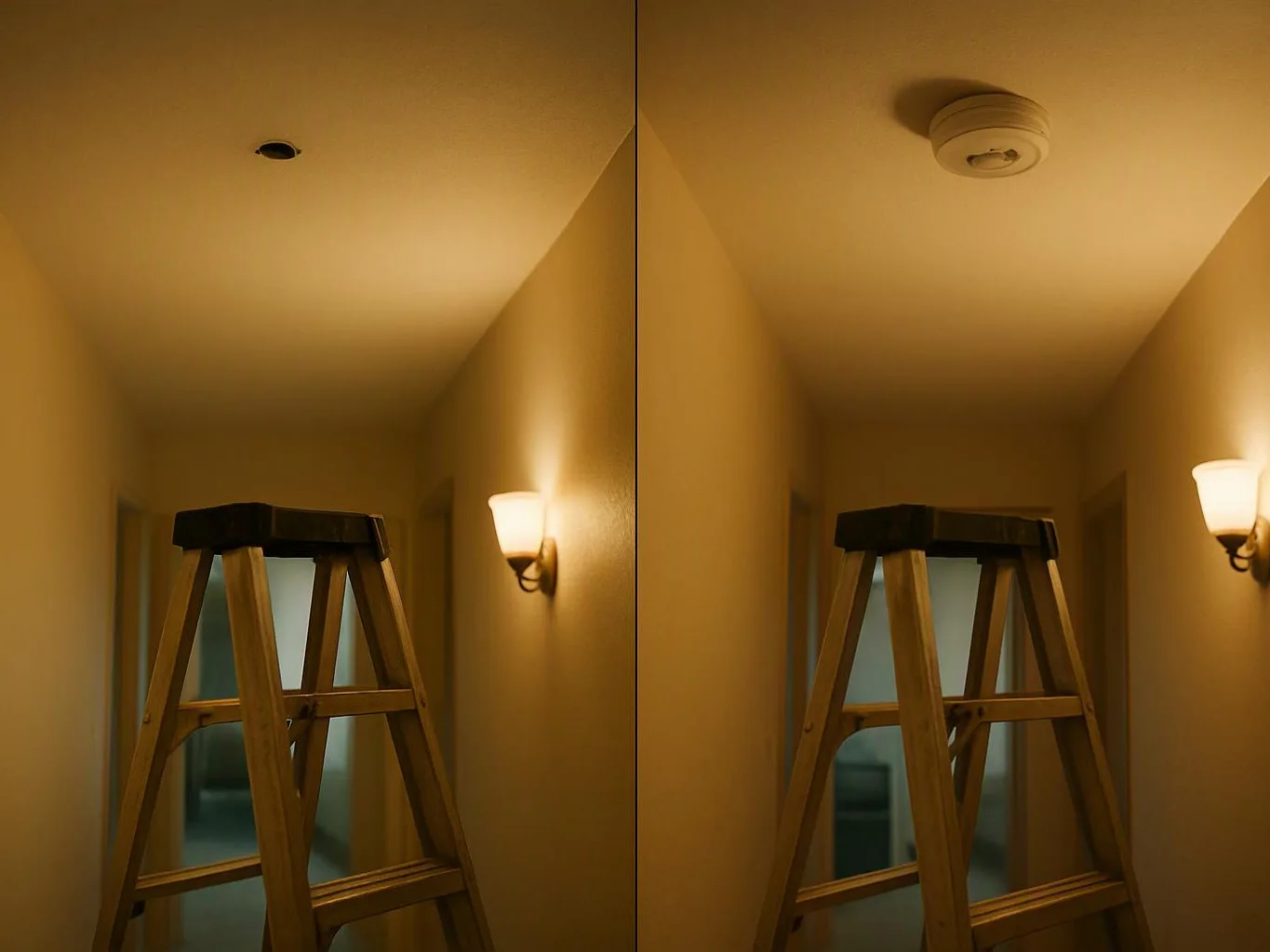 A wooden ladder stands in a narrow hallway beside a lit wall sconce and a ceiling smoke detector