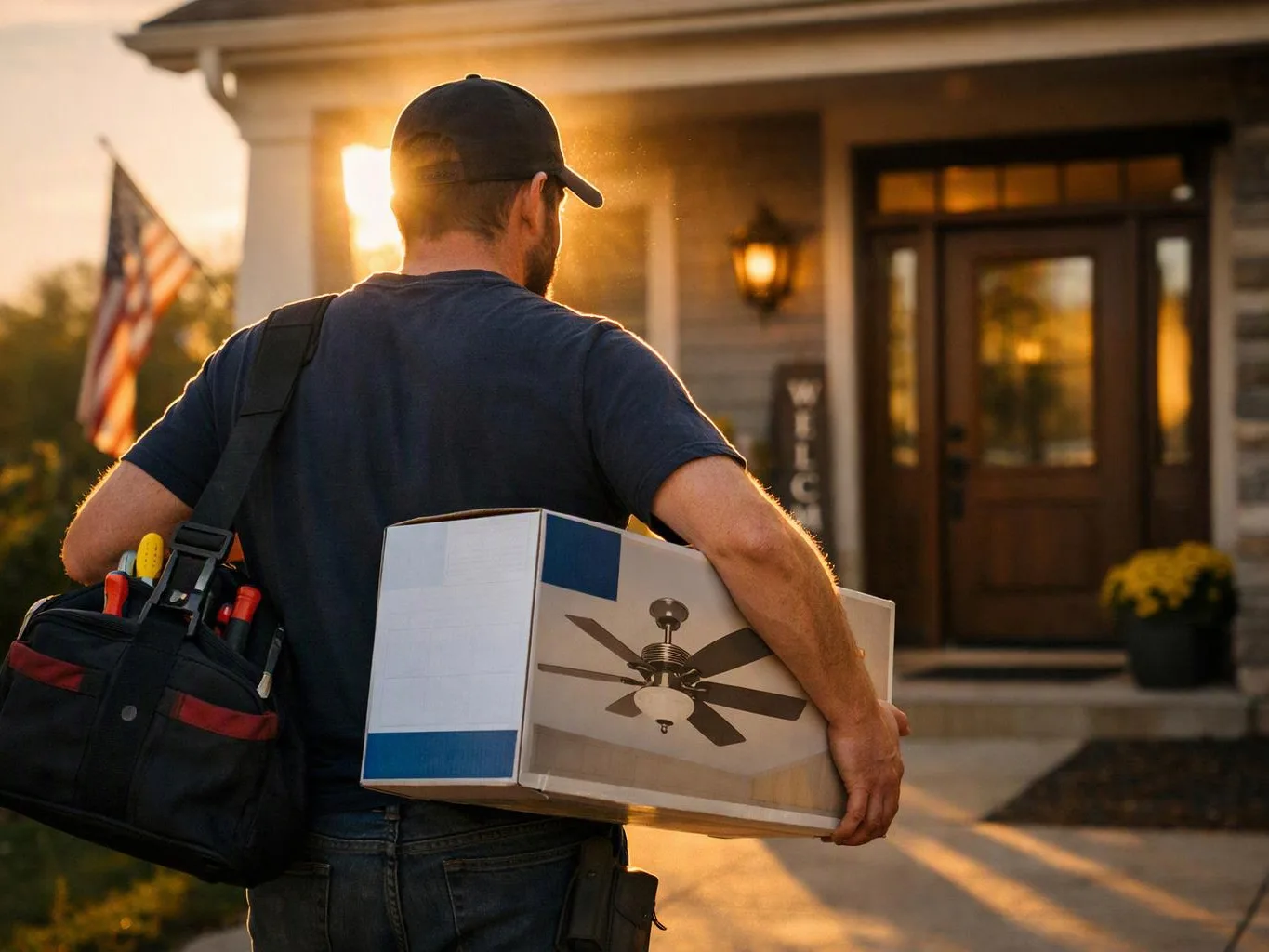 A worker carries a ceiling fan box and tool bag toward a sunlit house entrance