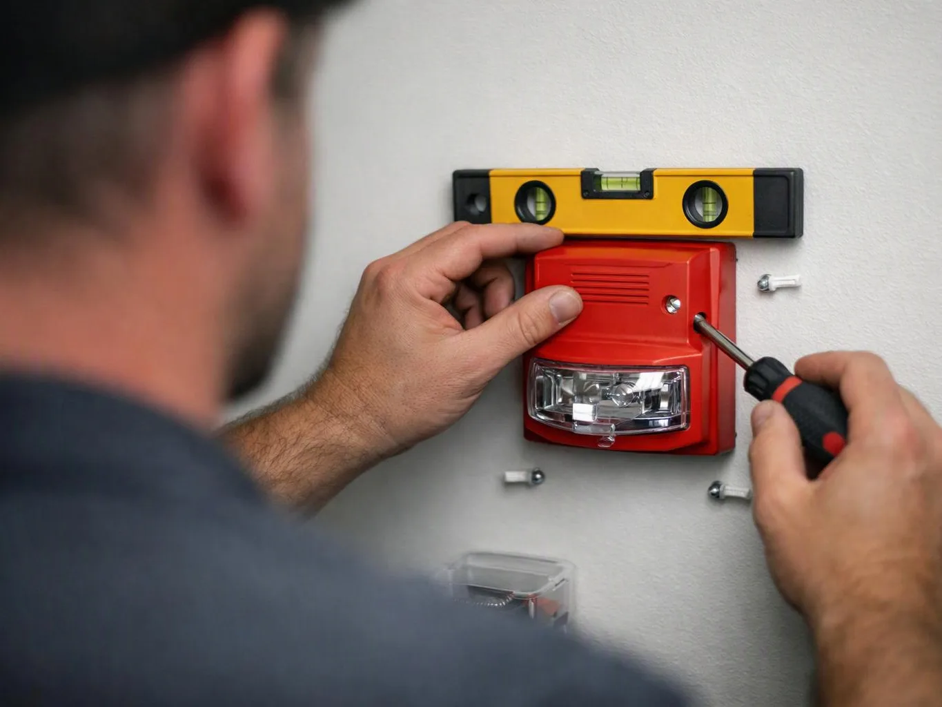 A worker installs a red wall alarm using a screwdriver and a spirit level