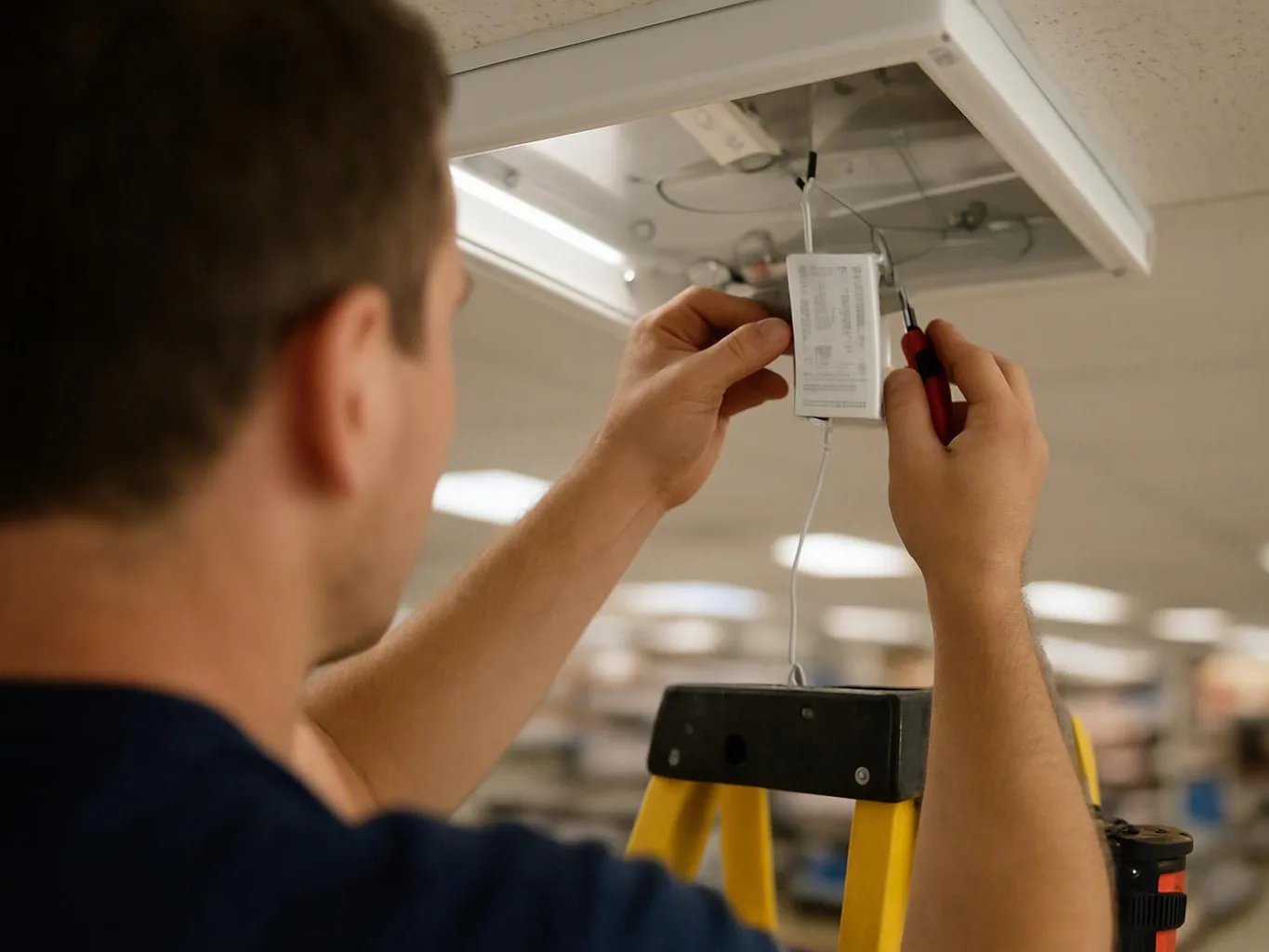 A worker on a ladder adjusts wiring inside a ceiling light fixture in a bright indoor room