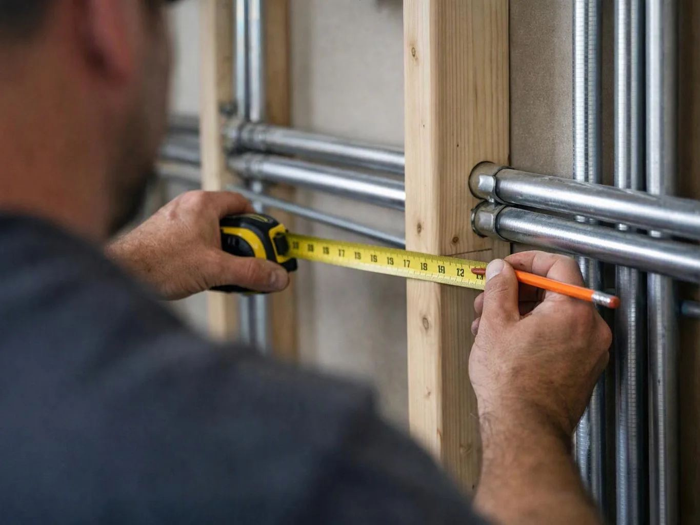 A worker measures a wooden frame with a tape measure and pencil beside metal pipes inside a building skeleton