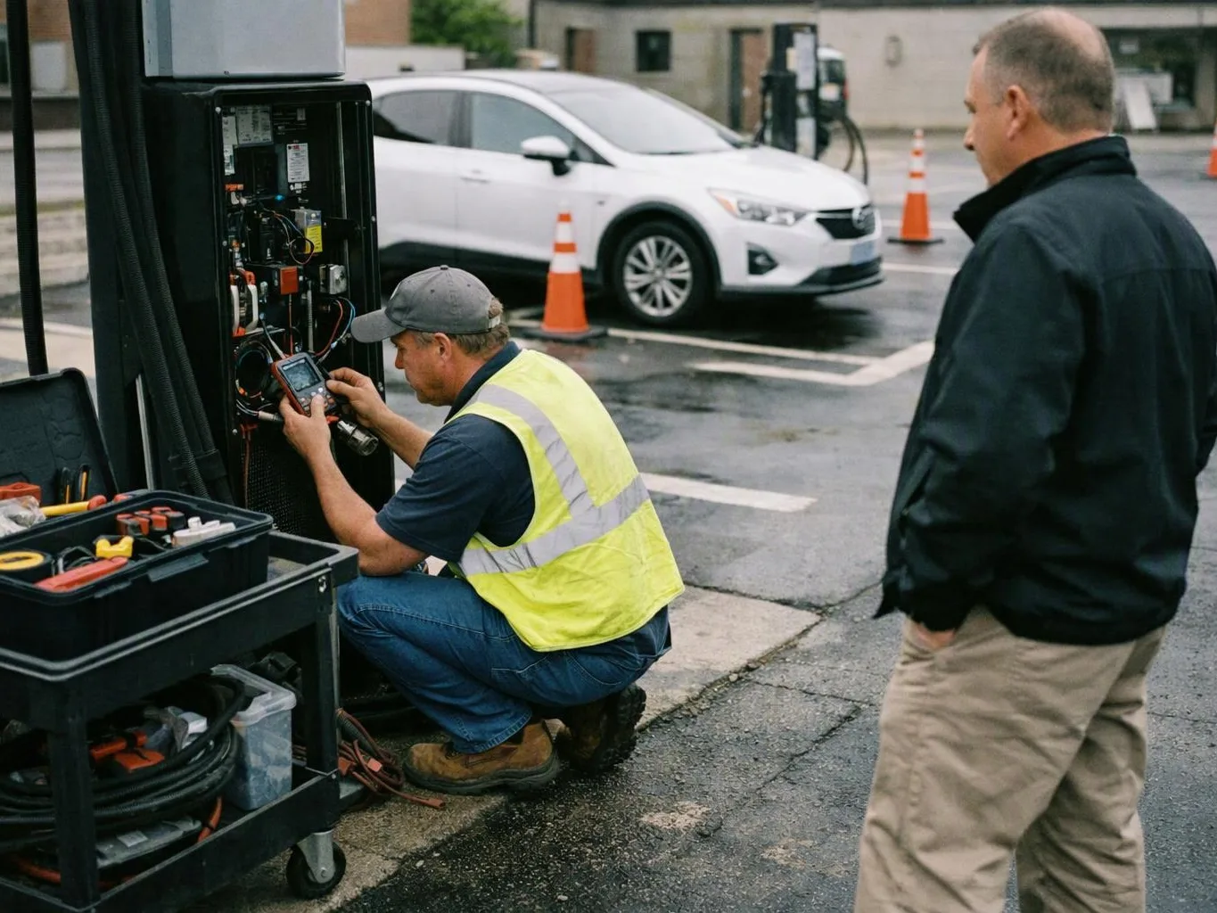 A worker in a reflective vest kneels beside an open charging station, testing wires while a man watches nearby