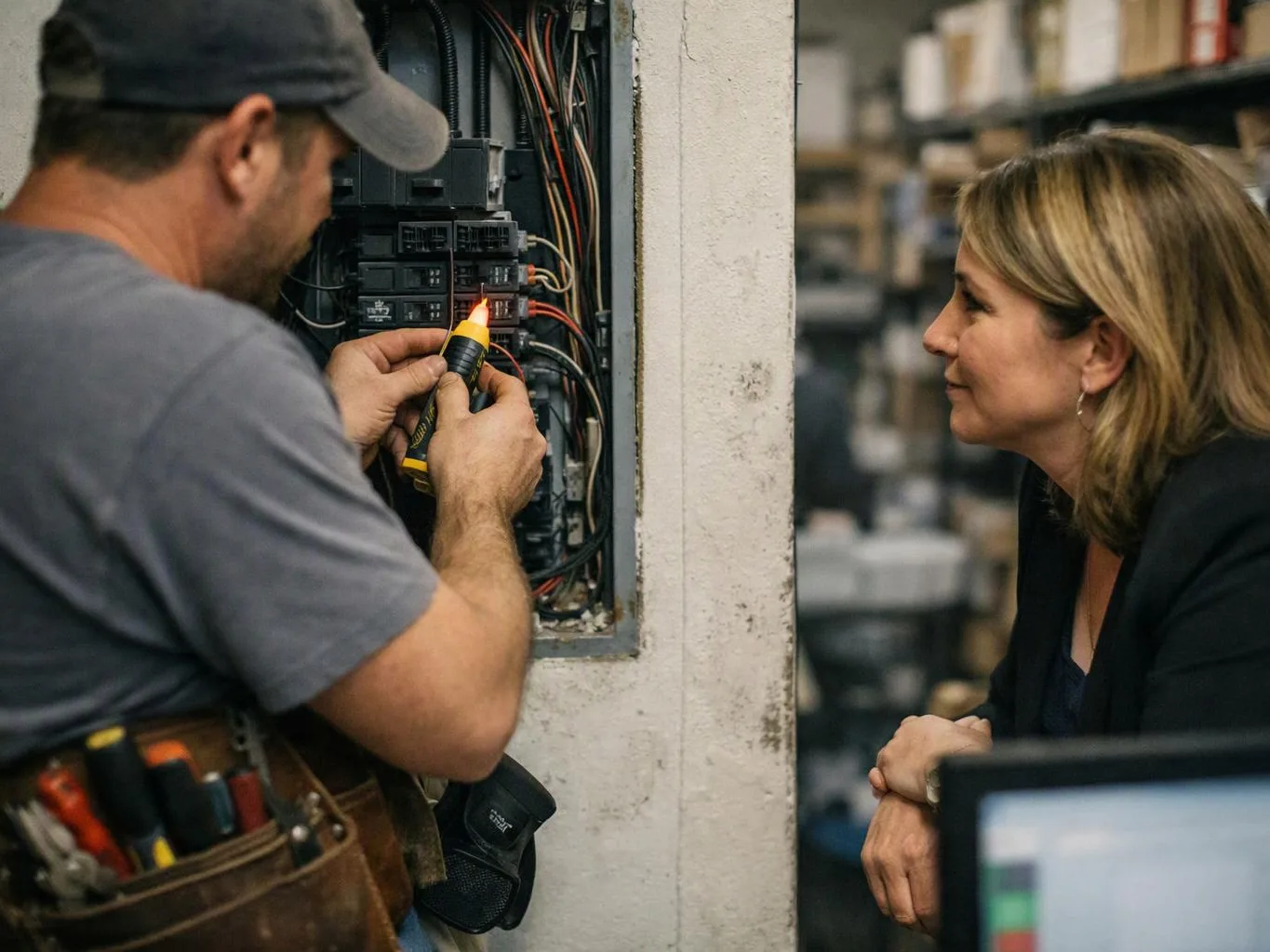 A worker tests an open electrical panel while a woman watches in a workshop setting