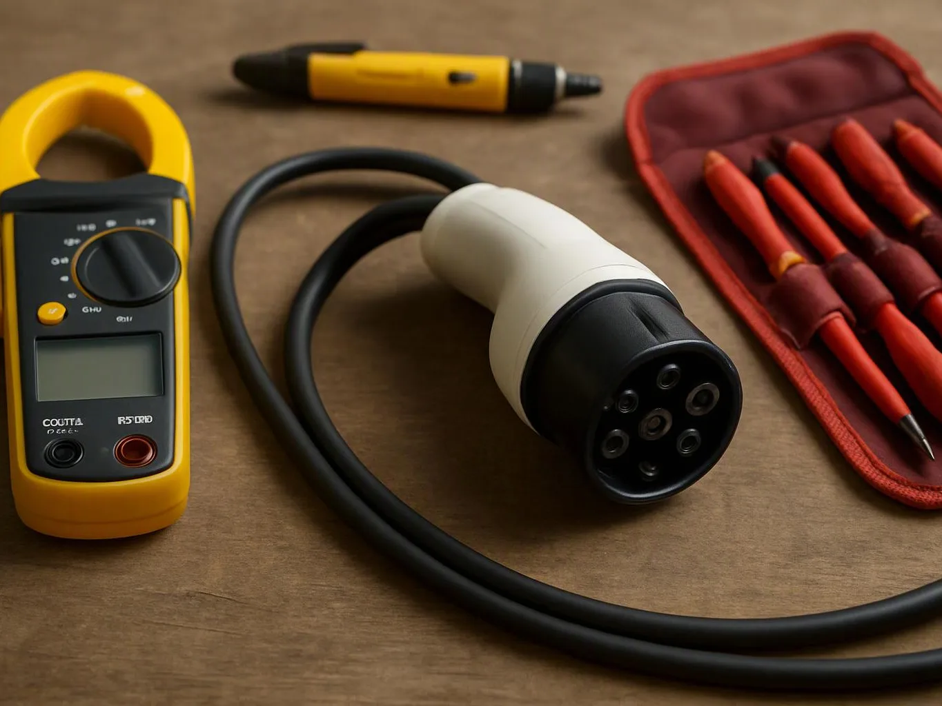 A yellow clamp meter, a black-and-white charging cable, a test pen, and red probes lie on a wooden surface