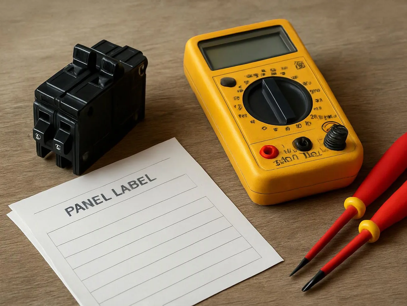 A yellow digital multimeter, black circuit breaker, red probes, and a panel label sheet sit on a wooden table