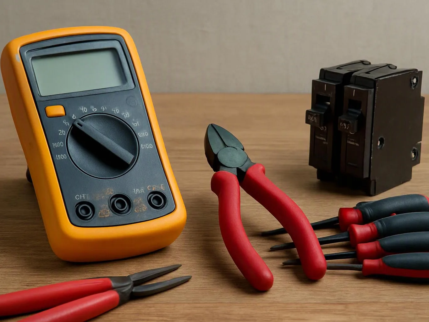 A yellow digital multimeter and several red-and-black hand tools sit on a wooden table against a plain wall